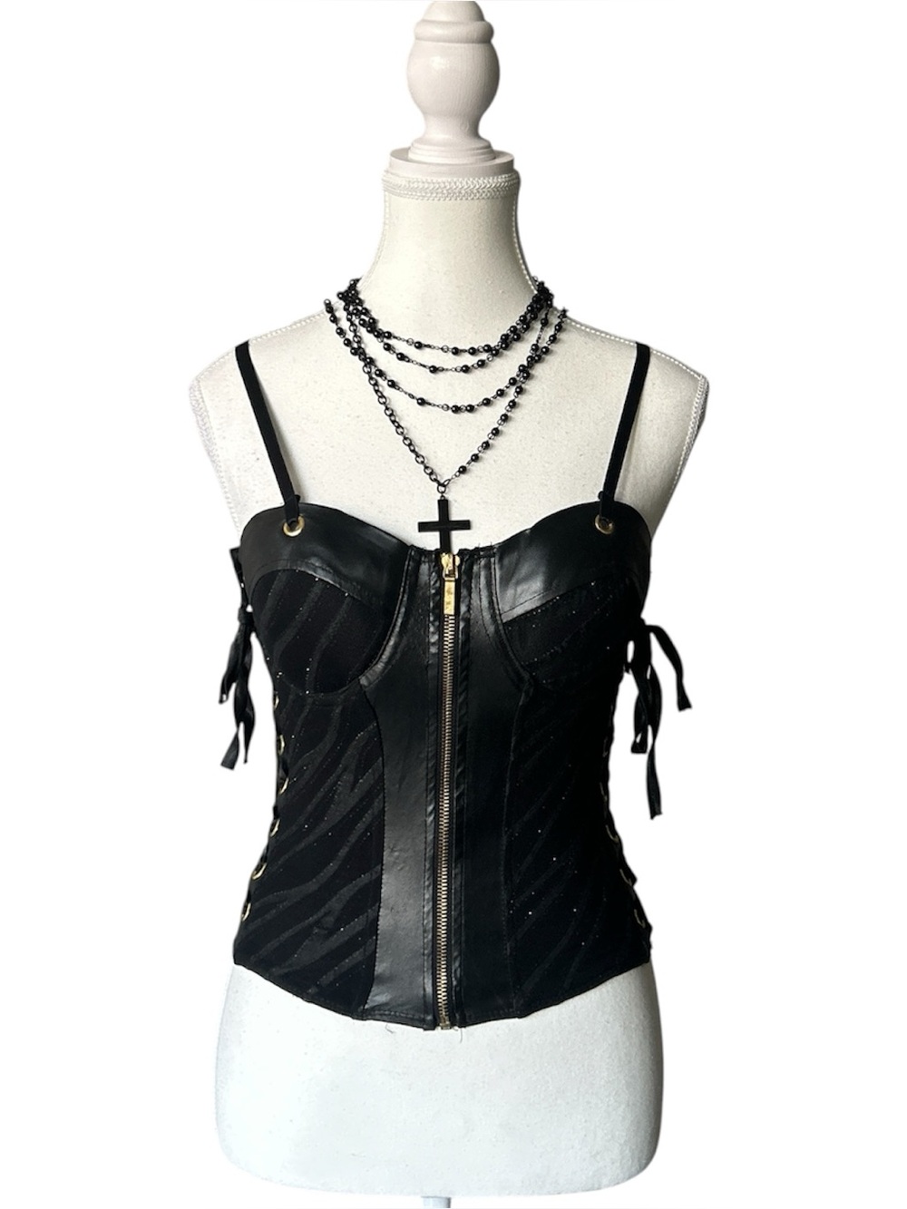 Y2K Grunge “Seductions” Black and Gold Faux Leather Trim Lace-up Bustier Top